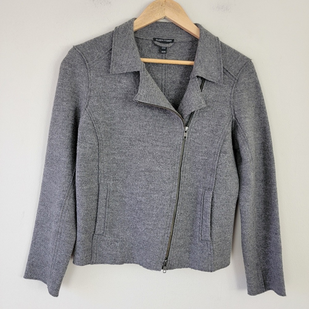 Eileen Fisher Moto Jacket Women's Size XS‎ Gray Wool Zip Pockets Preppy Casual